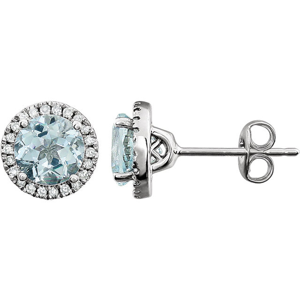 A beautiful crafted 14k white gold 1/8 ct. tw. diamond & 6mm aquamarine friction post stud March birthstone earrings. Aquamarine is a transparent, light blue or sea-green stone that is porous. Aquamarines belong to the beryl family of stones. Aquamarine is the birthstone for March and the name comes from the Latin word aqua, meaning water, and marina, meaning the sea. Beside from protecting sailors, it was believed to guarantee a safe voyage. The smooth color of aquamarine is said to calm the temper, allowing the wearer to remain levelheaded. Its pale color is perfect for spring and summer. Aquamarine is most often light in tone and ranges from greenish blue to blue-green.