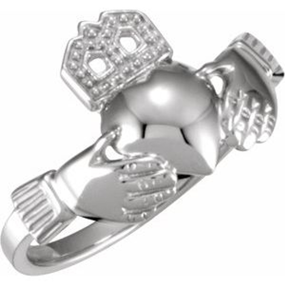 The Claddagh: the crown represents loyalty, the heart represents love, and the hands represent friendship. It is widely known as a symbol for great friendship. This ancient Gaelic design is also used in engagement rings and in traditional wedding rings for the irish. If worn on the right hand with the heart facing out it means you are single, facing in means you are dating someone. If worn on the left hand with the heart facing out it means you are engaged and facing in you are married.