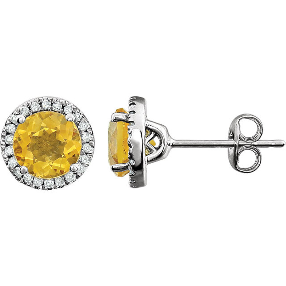 A beautiful crafted 14k white 1/8 ct tw diamond & 6mm citrine friction post stud November birthstone earrings. Citrine is one of two birthstones for the month of November and is said to support vitality and health while encouraging and guiding hope, energy and warmth within the wearer. Citrine can be found in a variety of shades ranging from pastel yellow to dark brownish orange. Citrine is found most frequently in Brazil, Bolivia, and Spain.