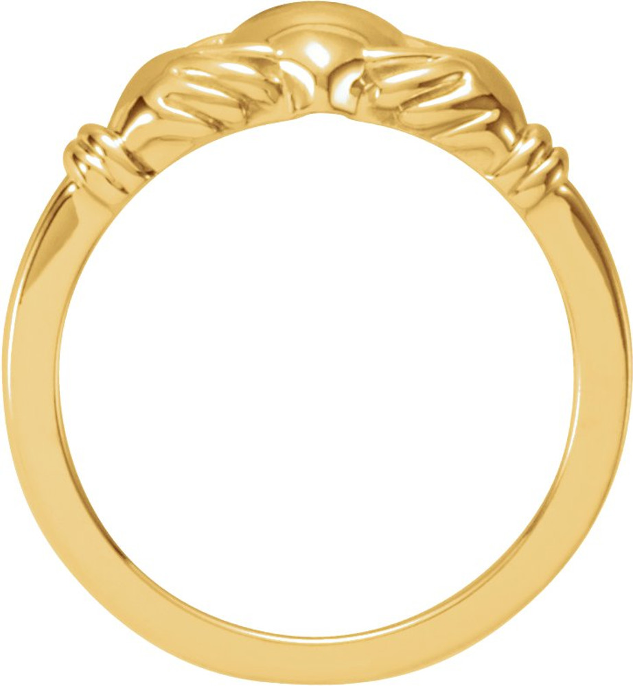 This traditional Irish symbol represents love for the heart, friendship for the hands, and loyalty for the crown. This traditional Claddagh ring is set in polished 14k yellow gold.
