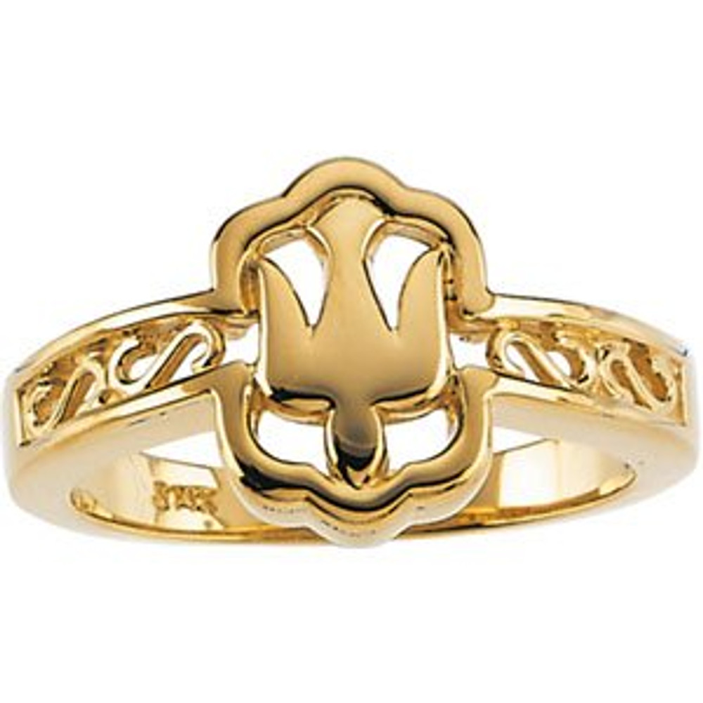 A stylishly designed Holy Spirit Dove ring for women, crafted in 10k solid yellow gold, with paisley "s" designs cut-out of the band.

"Likewise the Spirit also helpeth our infirmities: for we know not what we should pray for as we ought: but the Spirit itself maketh intercession for us with groanings which cannot be uttered" (Romans 8:26).