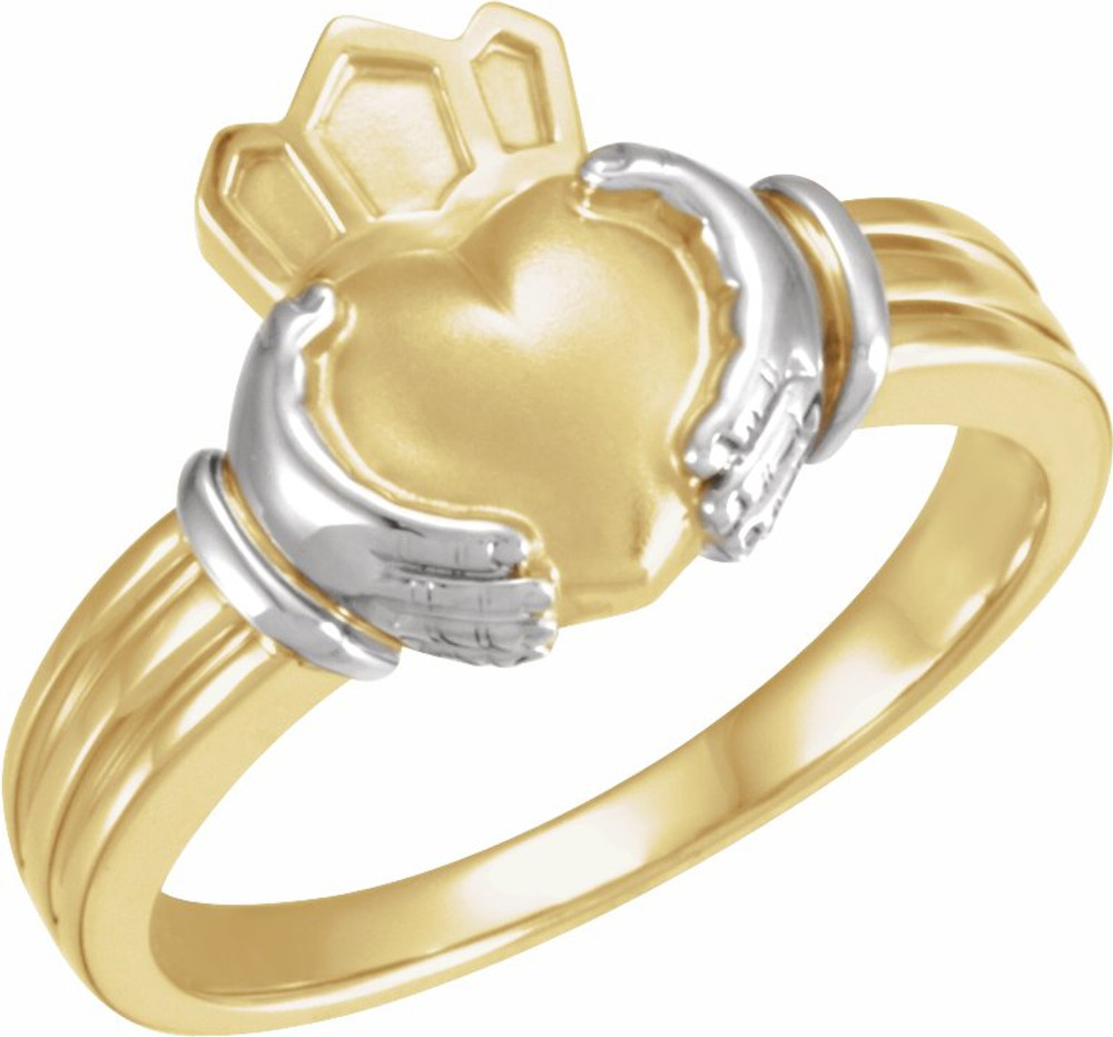 The Claddagh: the crown represents loyalty, the heart represents love, and the hands represent friendship. It is widely known as a symbol for great friendship. This ancient Gaelic design is also used in engagement rings and in traditional wedding rings for the irish. If worn on the right hand with the heart facing out it means you are single, facing in means you are dating someone. If worn on the left hand with the heart facing out it means you are engaged and facing in you are married.