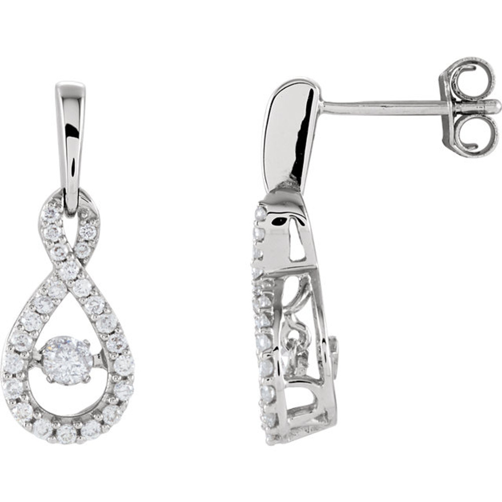 In all their formal elegance, these diamond infinity dangle earrings are unsurpassed with magnificence and sparkle. Beautiful round diamond embellish the center of each 14K gold earring. Bringing the total weight to 3/8 ct., countless brilliant diamonds form a perfect outline around these remarkably striking friction back drops. Enjoy their beauty.