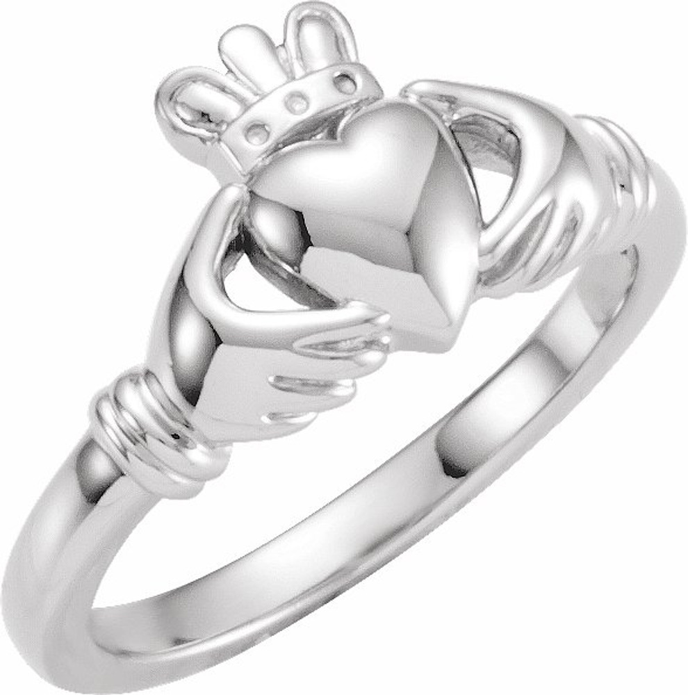 This traditional Irish symbol represents love for the heart, friendship for the hands, and loyalty for the crown. This traditional Claddagh ring is set in polished 14k white gold.