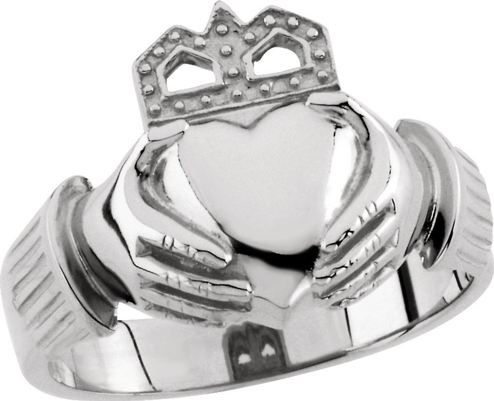 The Claddagh: the crown represents loyalty, the heart represents love, and the hands represent friendship. It is widely known as a symbol for great friendship. This ancient Gaelic design is also used in engagement rings and in traditional wedding rings for the irish. If worn on the right hand with the heart facing out it means you are single, facing in means you are dating someone. If worn on the left hand with the heart facing out it means you are engaged and facing in you are married.