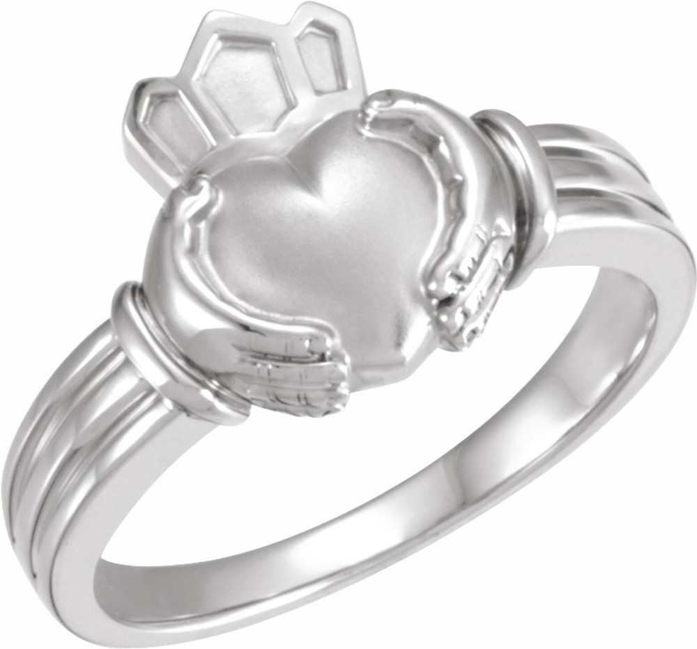 The Claddagh: the crown represents loyalty, the heart represents love, and the hands represent friendship. It is widely known as a symbol for great friendship. This ancient Gaelic design is also used in engagement rings and in traditional wedding rings for the irish. If worn on the right hand with the heart facing out it means you are single, facing in means you are dating someone. If worn on the left hand with the heart facing out it means you are engaged and facing in you are married.