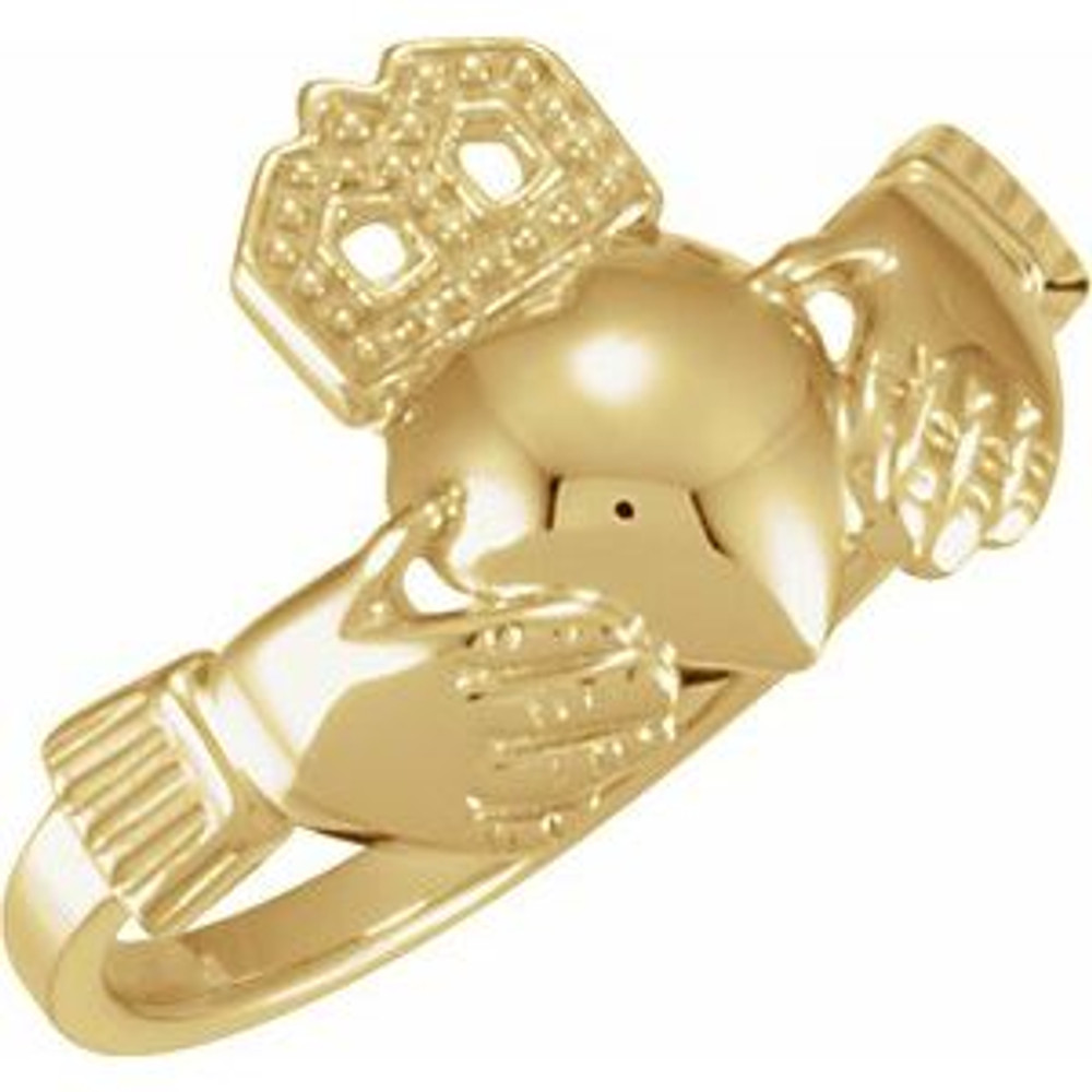 The Claddagh: the crown represents loyalty, the heart represents love, and the hands represent friendship. It is widely known as a symbol for great friendship. This ancient Gaelic design is also used in engagement rings and in traditional wedding rings for the irish. If worn on the right hand with the heart facing out it means you are single, facing in means you are dating someone. If worn on the left hand with the heart facing out it means you are engaged and facing in you are married.