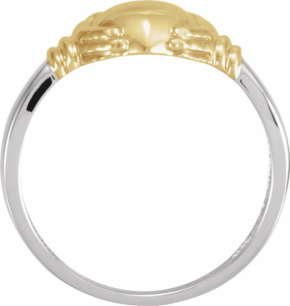 A token of loyalty, friendship and love. This traditional Claddagh ring is set in polished 14k gold.