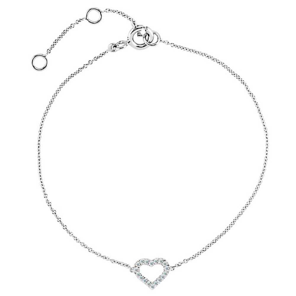 Don't wear your heart on your sleeve - wear it around your wrist! Beautifully crafted in 14K gold, this charming bracelet features an elegant heart accent, completely lined with shimmering diamonds. Dazzling with .06 ct. t.w. of diamonds and a bright polished shine, this 7.0-inch bracelet secures with a spring ring clasp. 