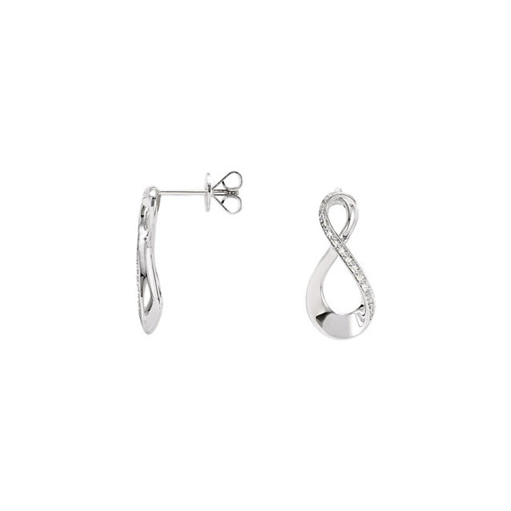 Easy and elegant, these diamond drop earrings are perfect for that special evening out. Crafted in cool 14K white gold, each infinity symbol-shaped houses twenty round shimmering diamonds. A sophisticated look, these earrings captivate with .08 ct. t.w. of diamonds and a polished shine. The post earrings secure comfortably with friction backs. 