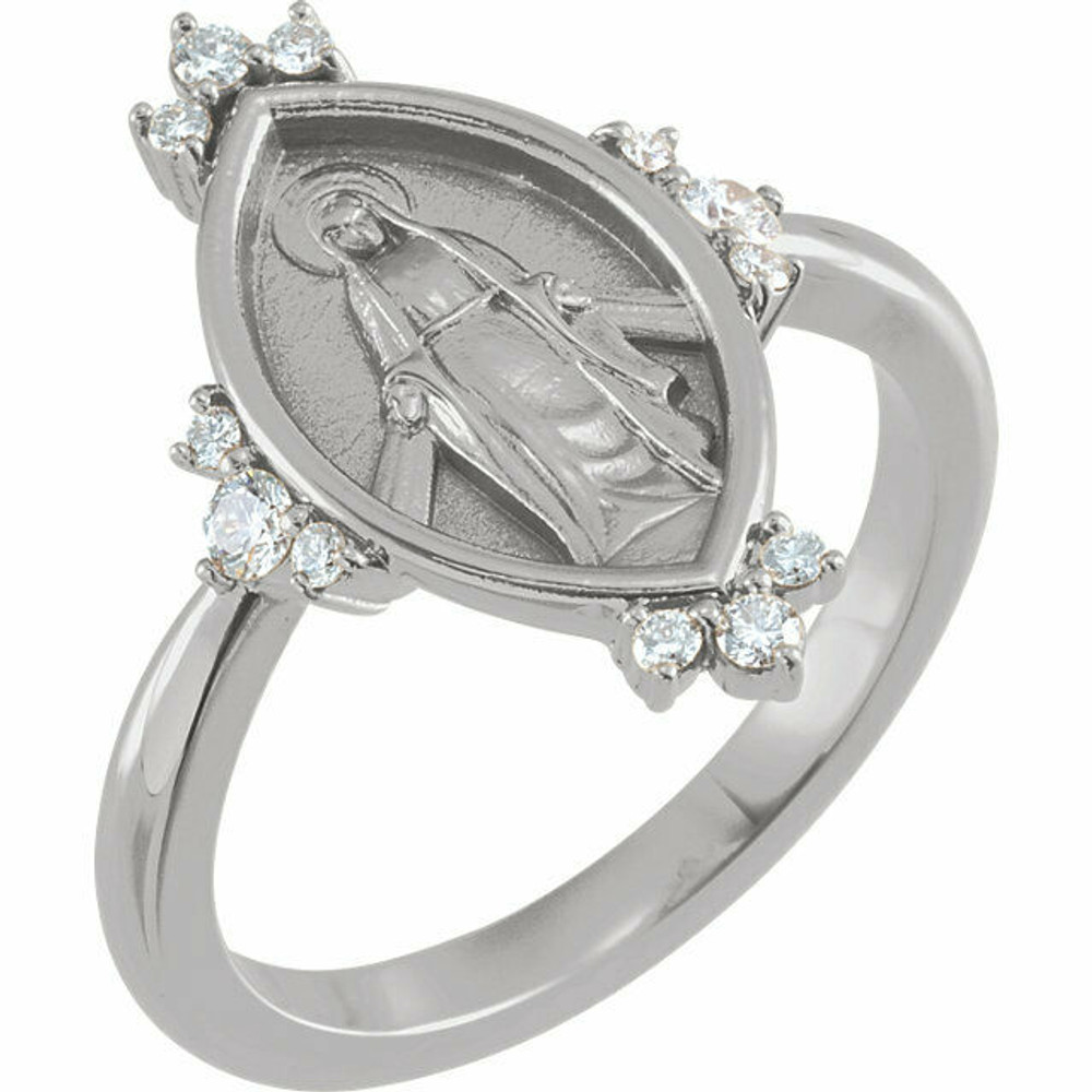 This platinum symbolic ring features 12 brilliant diamond accents and an oval miraculous medal. Fits a size 7 finger.