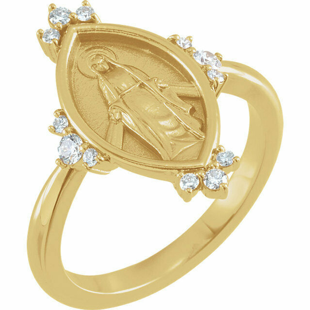 This 14k yellow gold symbolic ring features 12 brilliant diamond accents and an oval miraculous medal. Fits a size 7 finger.