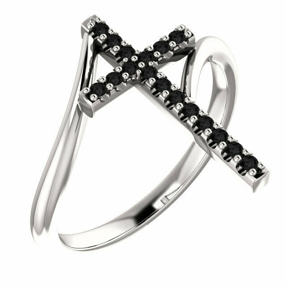 Express your faith with this 14k white gold cross ring that is accented with seventeen black diamonds for a bold look. Certain to become a treasured favorite, this ring captivates with 1/8 ct. t.w. of diamonds and a polished shine.
