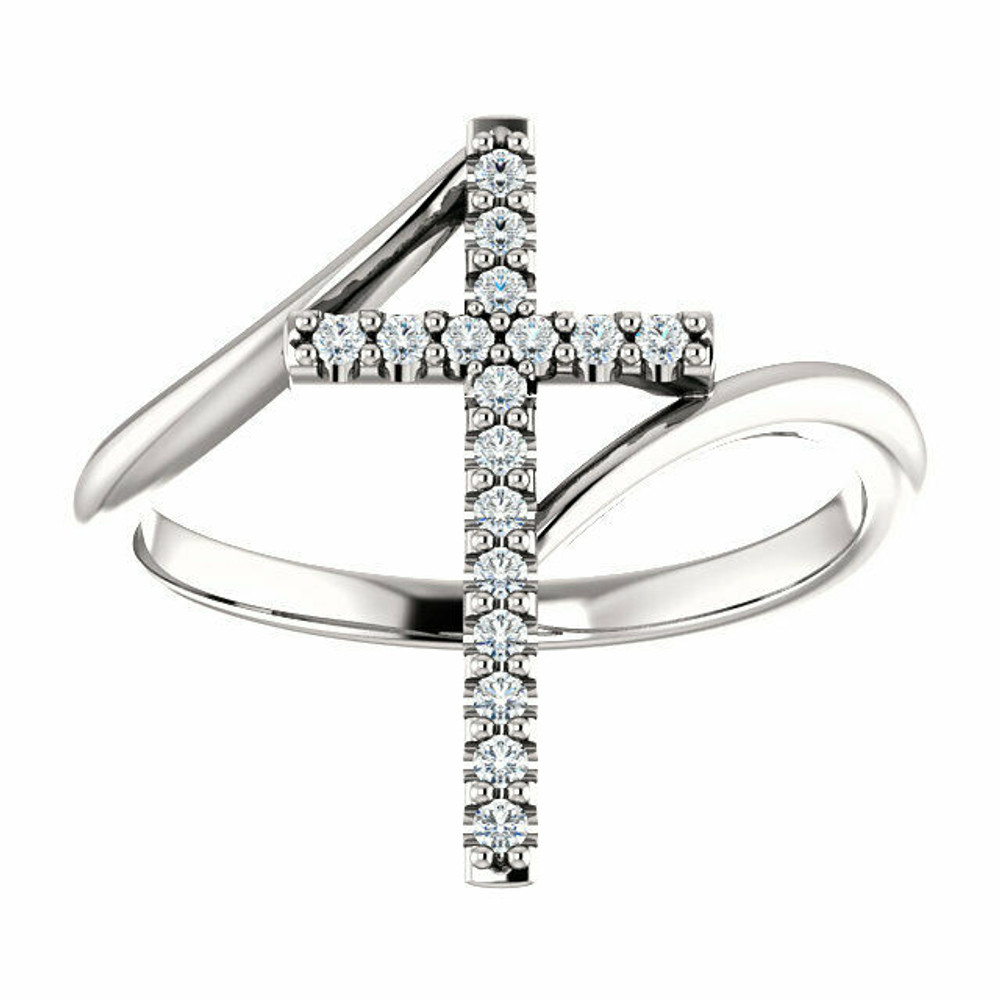 Share your faith for all to see with this sparkling diamond cross ring. Certain to become a treasured favorite, this ring captivates with 1/8 ct. t.w. of diamonds and a polished shine. Diamonds are G-H in color and I1 or better in clarity.