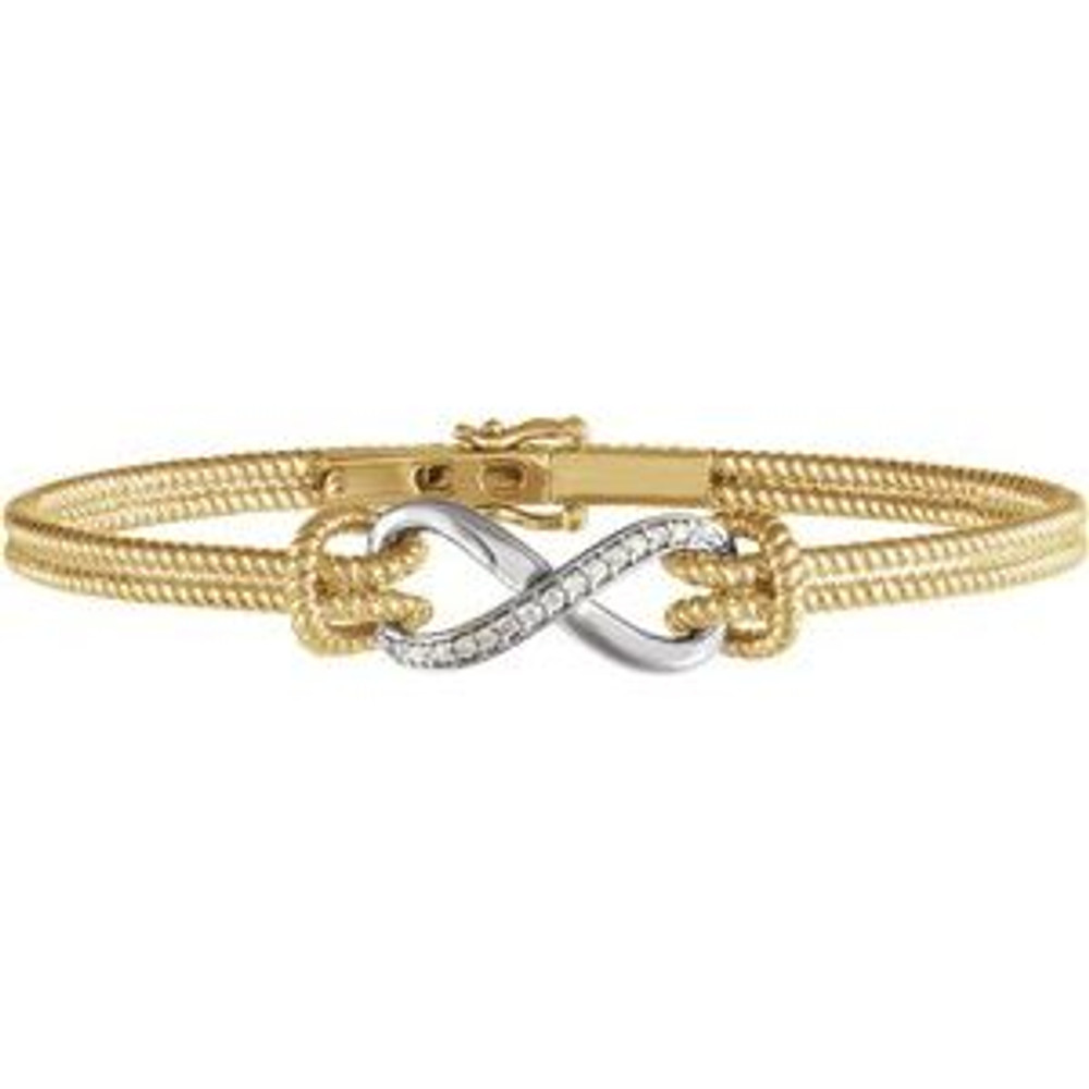 Diamond Infinity-Inspired Rope Bangle Bracelet In 14K Yellow & White Gold. Diamonds are H+ in color and I1 or better in clarity.
