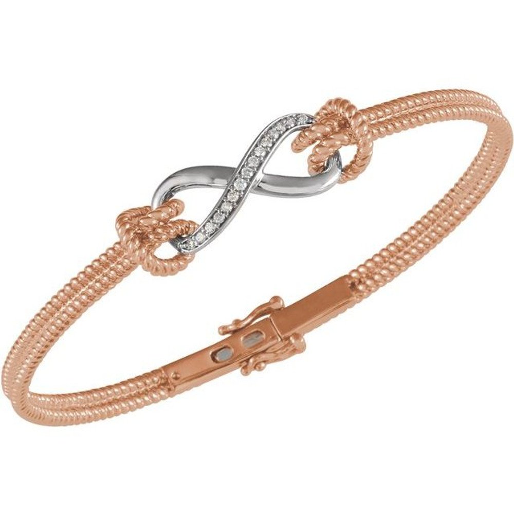 Diamond Infinity-Inspired Rope Bangle Bracelet In 14K Rose & White Gold. Diamonds are H+ in color and I1 or better in clarity.