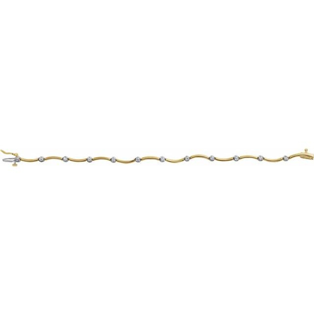 This gorgeous bracelet, hand set with 12 brilliant diamonds and 14k yellow gold, is sure to turn heads with its delicate design and classic appeal.