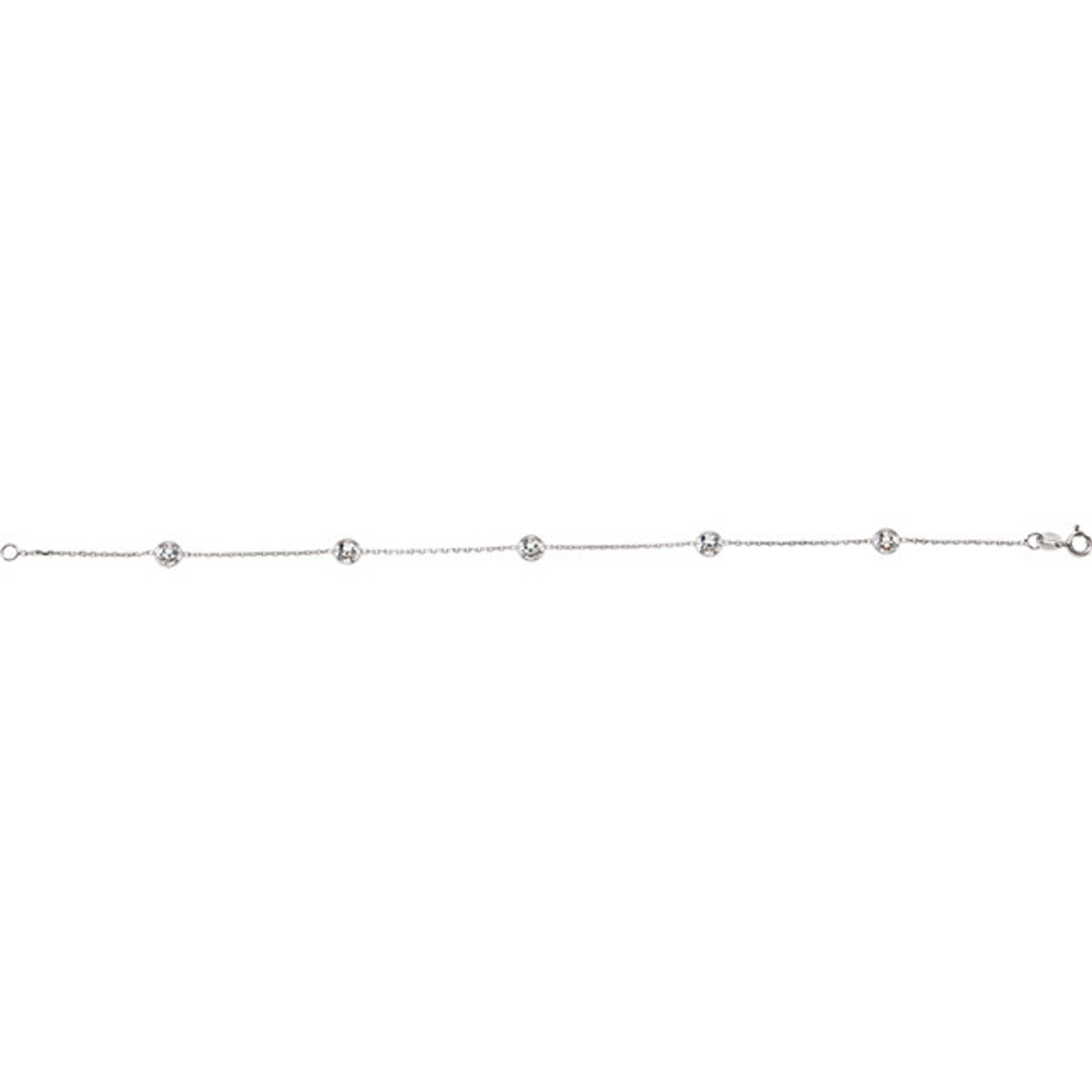 Simple and elegant, this cubic zirconia bezel station bracelet will take her breath away. Fashioned in 14k white gold, each stone measures 04.00mm and the bracelet is 7.00 inches in length.