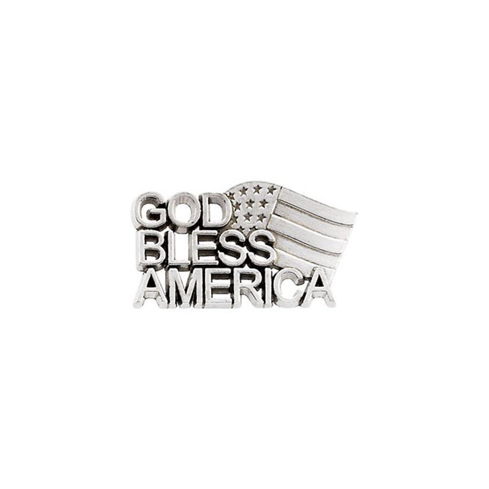 This patriotic pin reads "God Bless America" and is fashioned with the stars and stripes of the American flag. Polished to a brilliant shine.