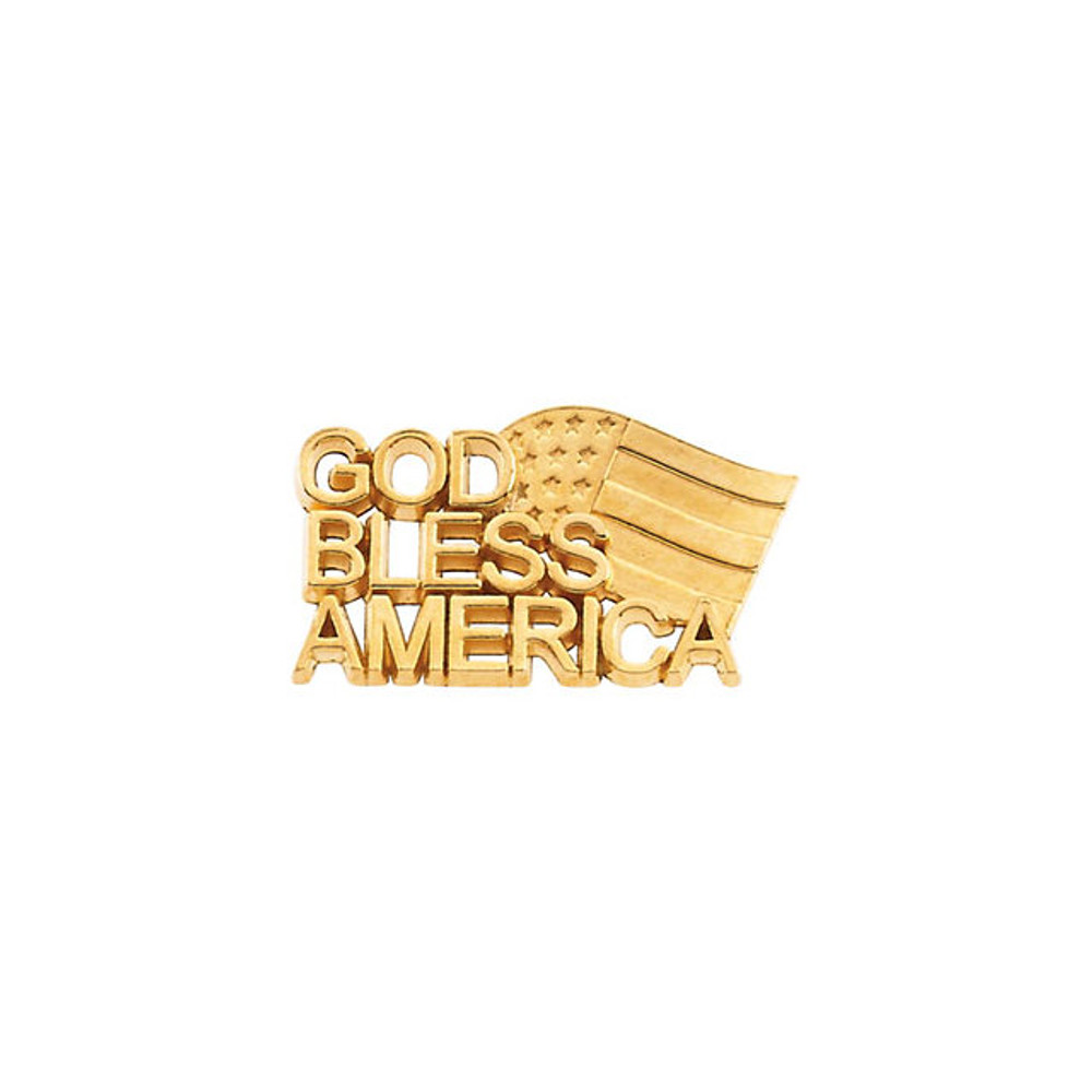 This patriotic pin reads "God Bless America" and is fashioned with the stars and stripes of the American flag. Polished to a brilliant shine.