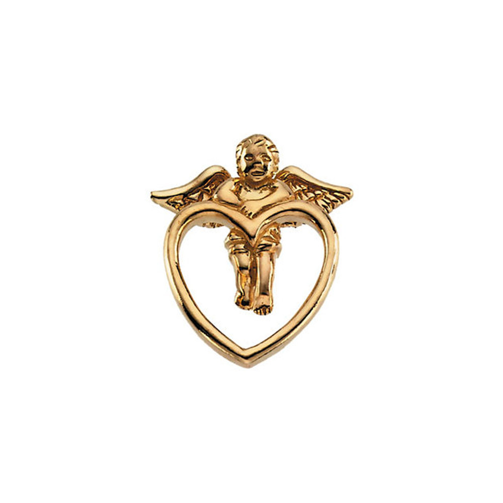 Angel Lapel Pin In 14K Yellow Gold measures 16.50x14.50mm and has a bright polish to shine.