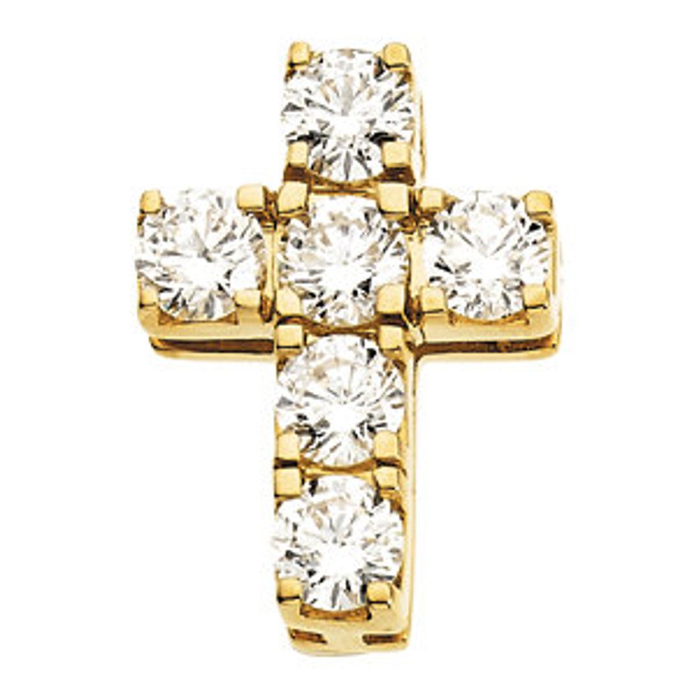 Love for religion is truly something to celebrate. In sparkling 14K yellow gold with 6 round diamonds full cut. This cross is polished to a brilliant shine.
