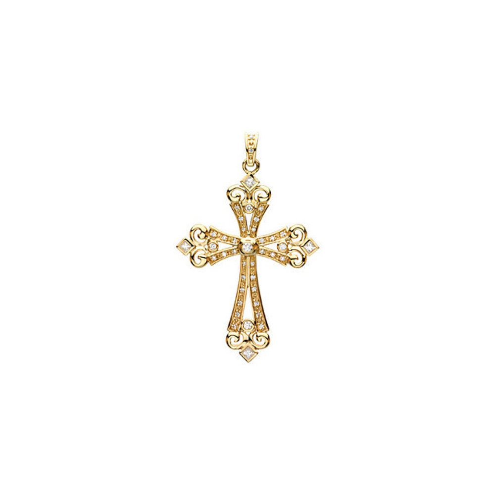 Diamond Cross Pendant In 14K Gold that measures 55.50x33.45mm and radiant with 5/8 ct. tw. Polished to a brilliant shine.