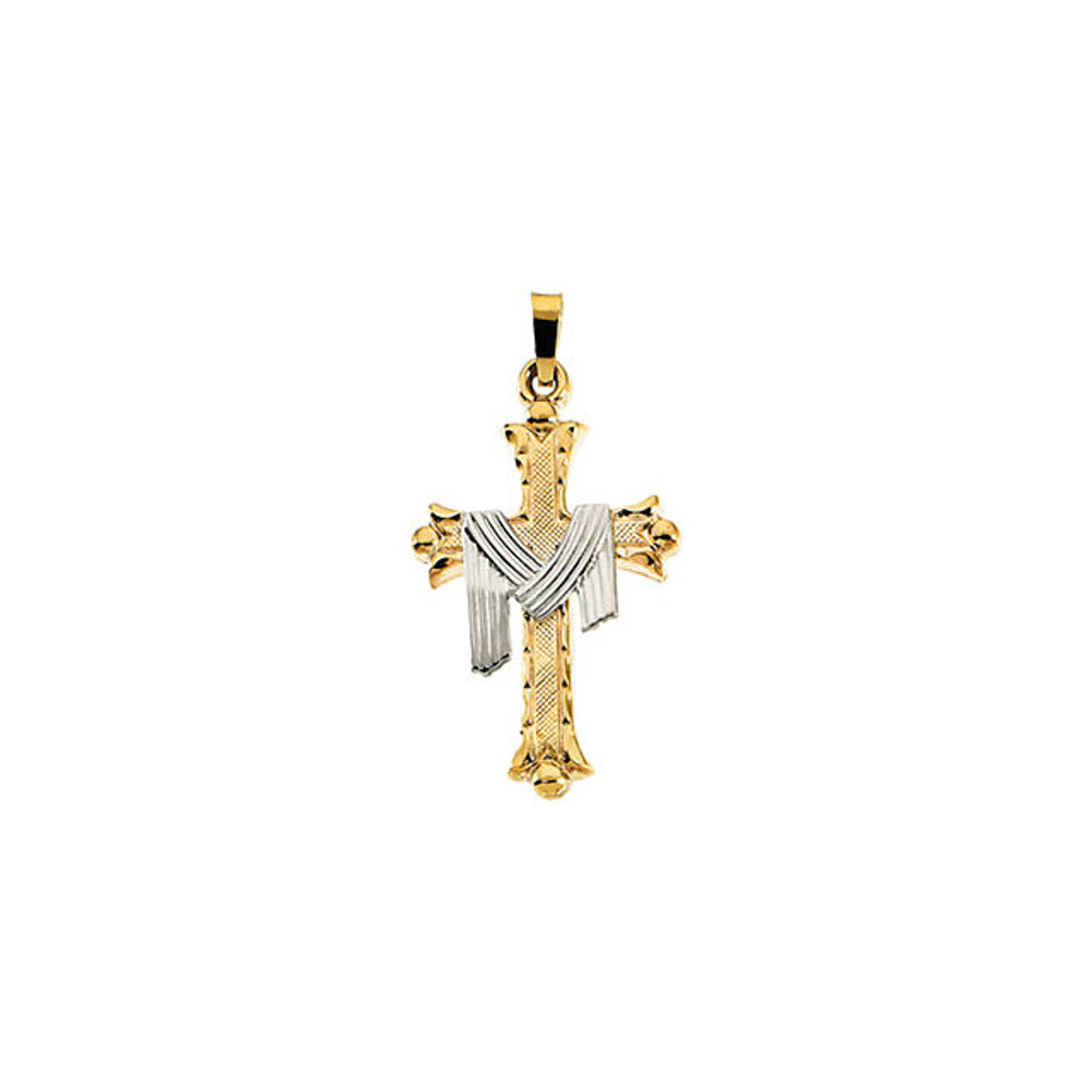 Let your faith shine! Expertly crafted in warm 14K Yellow/White Gold, this traditional cross pendant measures 25.50x18.00mm and has a bright polish to shine.