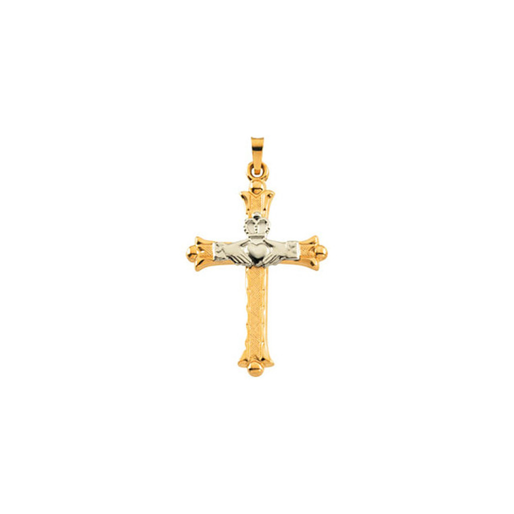 Delicate in design, this hollow claddagh cross pendant is crafted in 14k yellow/white gold and measures 32.50x23.50mm. Polished to a brilliant shine.