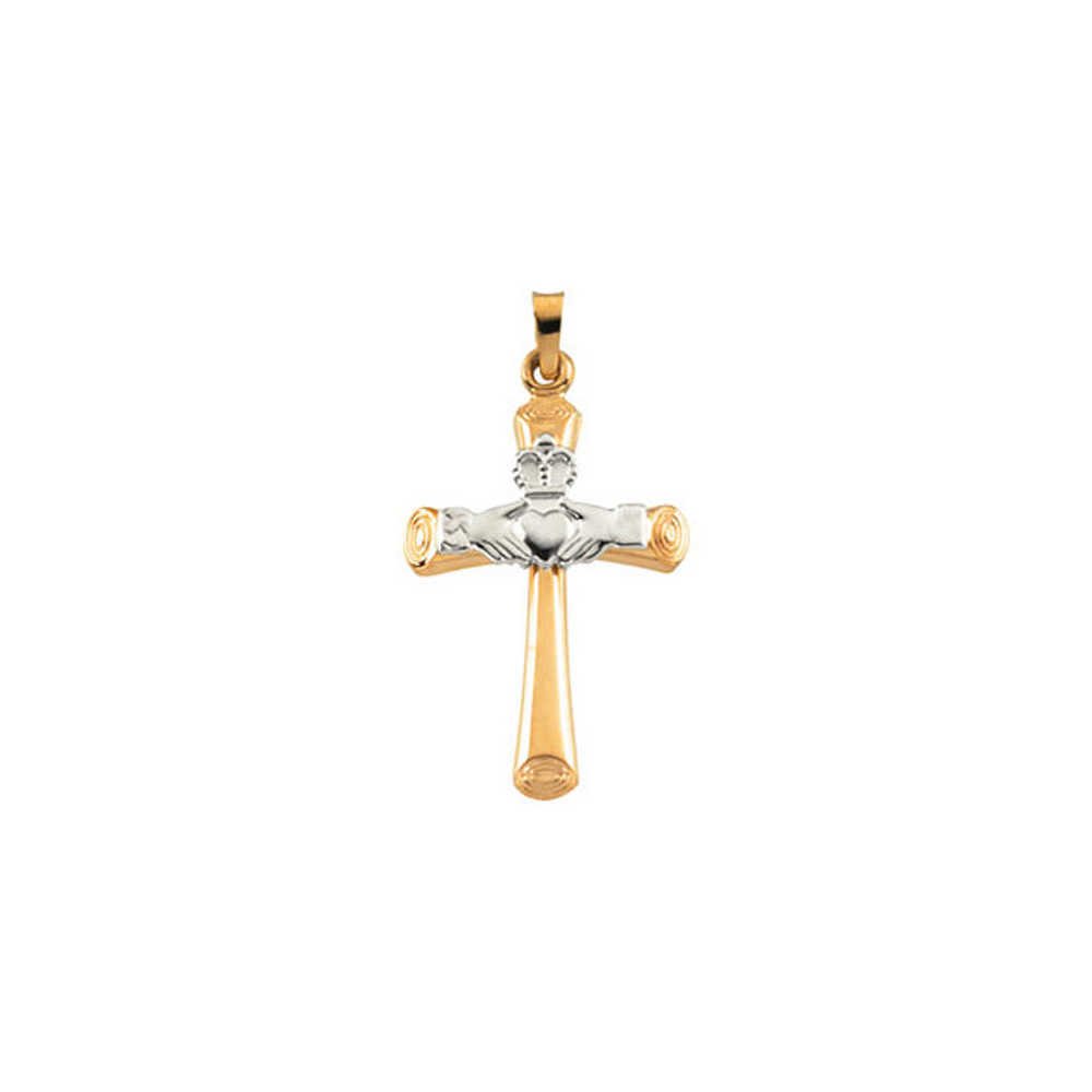 Designed to inspire, this claddagh cross pendant is crafted in 14k yellow/white gold and measures 27.00x19.50mm and has a bright polish to shine.