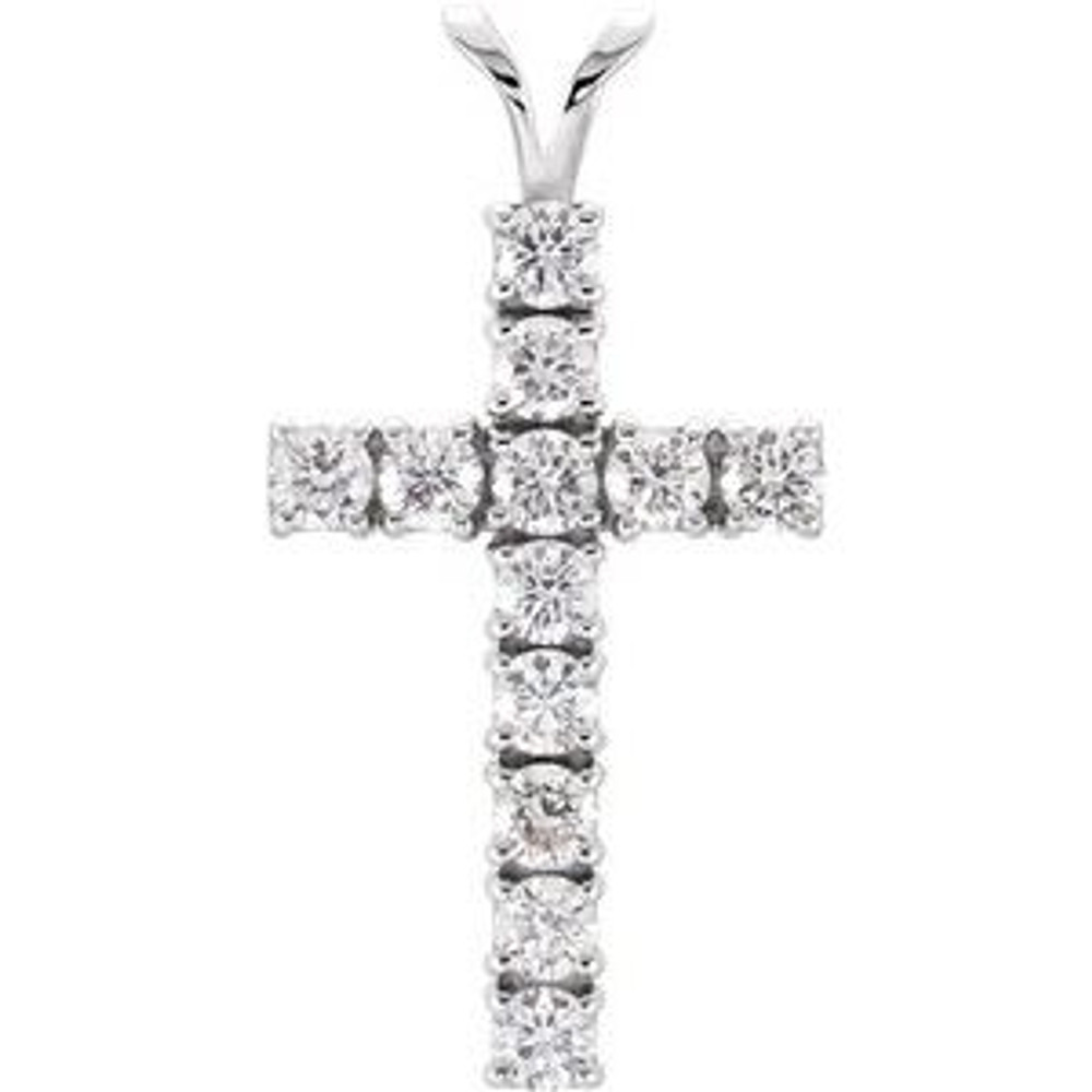 Crafted from 14K gold, this shimmering cross pendant is covered with round brilliant cut diamonds weighing approximately 1.20 ct. tw.