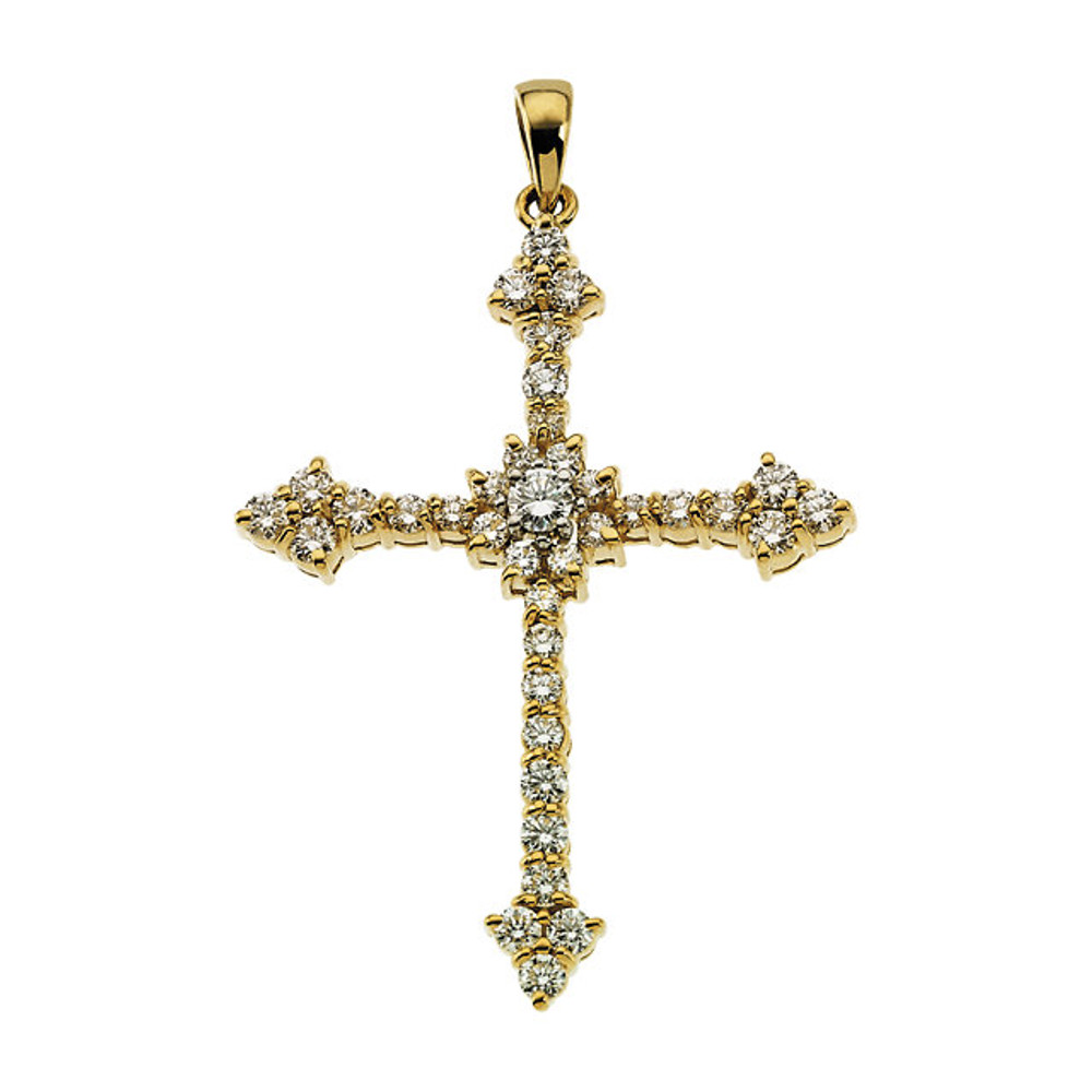 Inspiring and eye-catching, this brilliant diamond pendant showcases beautiful 14k yellow gold and measures 40.00x 28.00mm. This simple cross has rich round full-cut genuine diamonds measuring 1.25 ct. tw. and has a bright polish to shine.