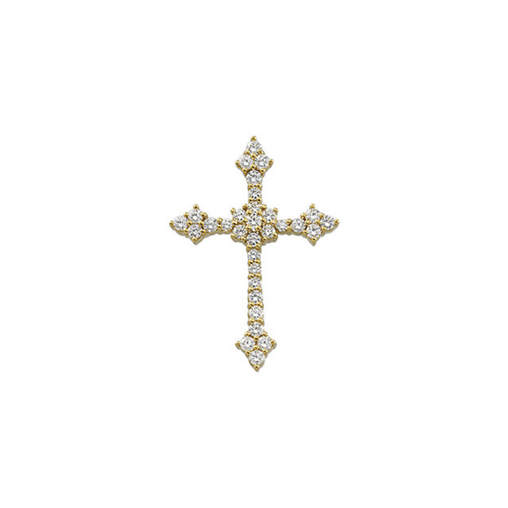 This cross pendant measuring approximately 31mm long by 22.50mm wide is a sparkling symbol of faith, devotion and trust. It features 31 full cut round diamonds prongs, a hidden bail and polished to a brilliant shine. Total diamond weight is .85 carat.