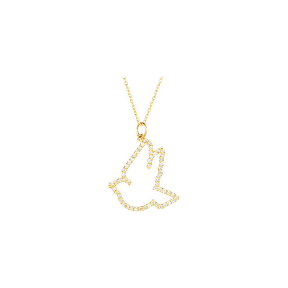 This whimsical 14k gold pendant features an open designed dove highlighted with round diamonds. Diamonds are 1/4ctw and are G_H in color and I1 in clarity. Pendant is presented on a 14k gold diamond cut cable 18 inch chain.