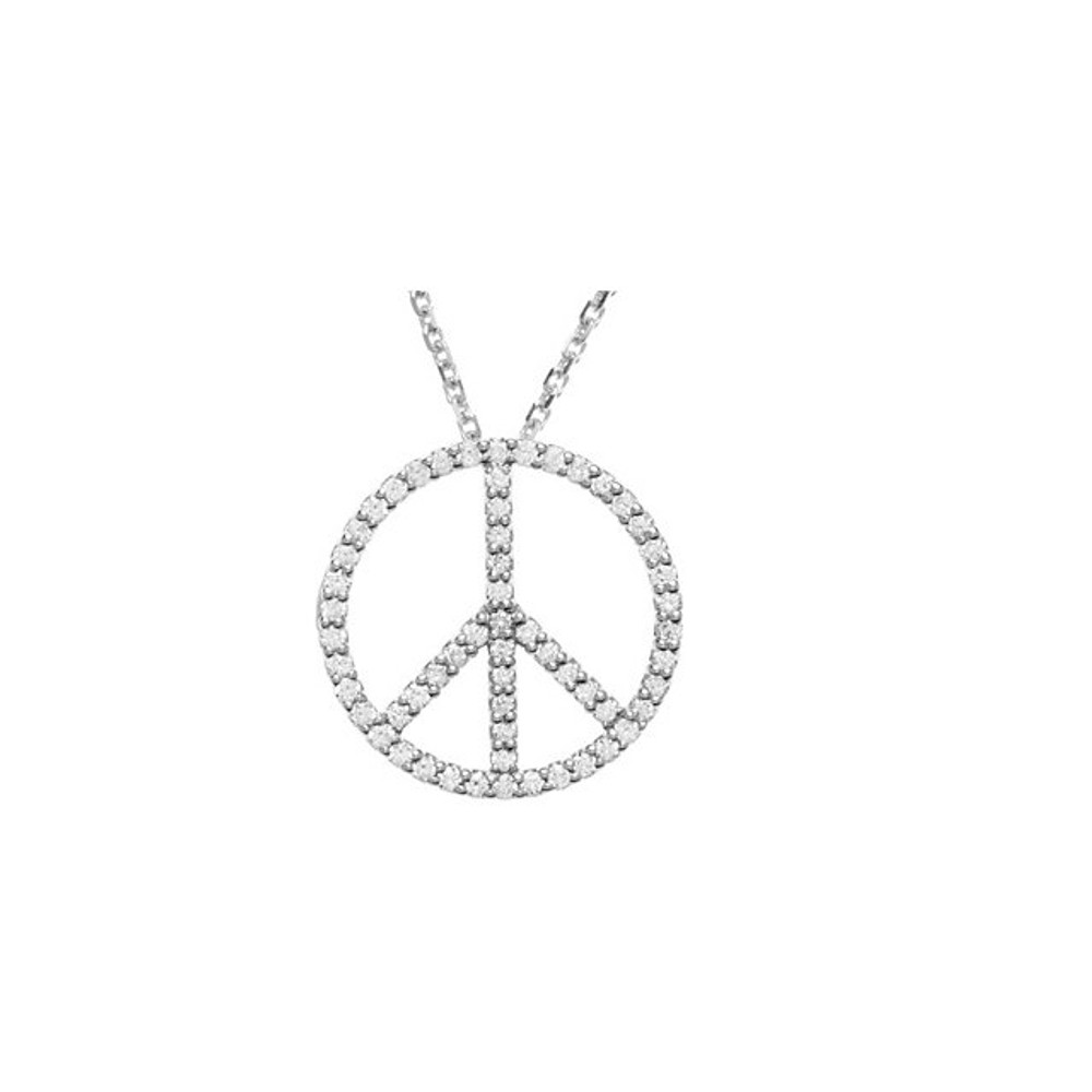 Flash your message in diamonds with a symbolic emblem known worldwide for peace and non-violence. Open design pendant measures approximately 5/8" in diameter and is prong set with 59 full cut round diamonds totaling 1/3 carat. It hangs from a hidden bail on a matching 1mm diamond cut cable chain that is 16 inches in length.