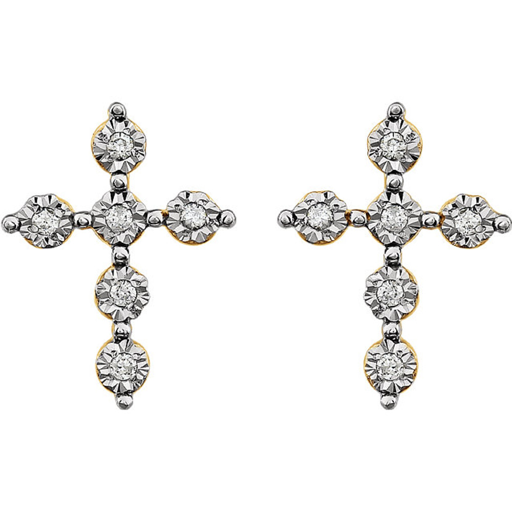 Stylish and symbolic. These sparkling stud earrings feature a cross shape accented by round-cut diamonds. Set in 14k white gold and weighing approximately 1/10 ct. tw. 