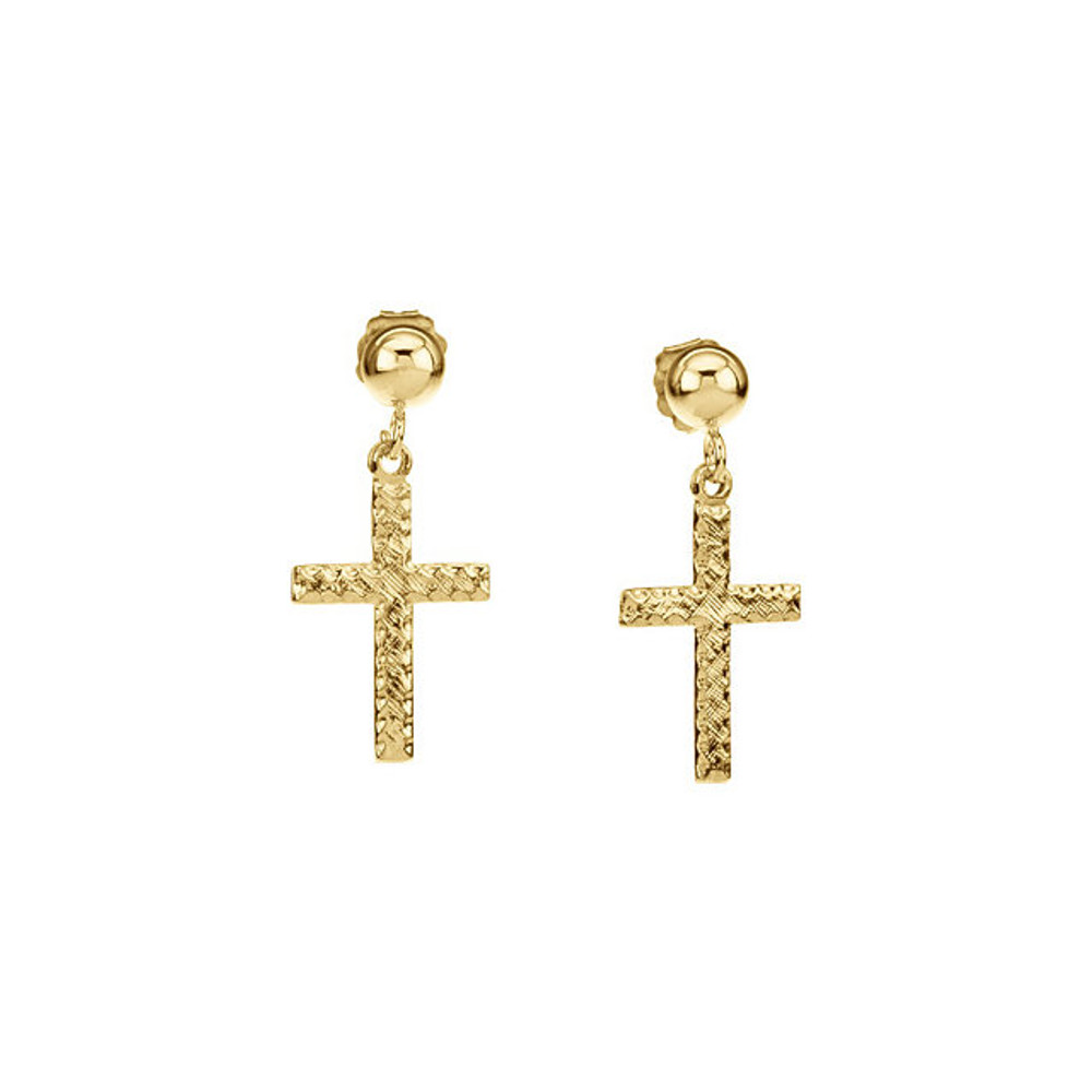 Simple elegance in a faith inspired design cross dangle earrings fashioned from 14k yellow gold. Earrings measure 11.00x08.00mm with a bright polish to shine.