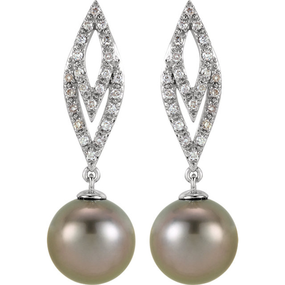 These elegant 14k white gold earrings each feature a black tahitian pearl with diamond accents in a classic design. Diamonds are 1/4ctw, H-I in color, and I3 or better in clarity. Polished to a brilliant shine.