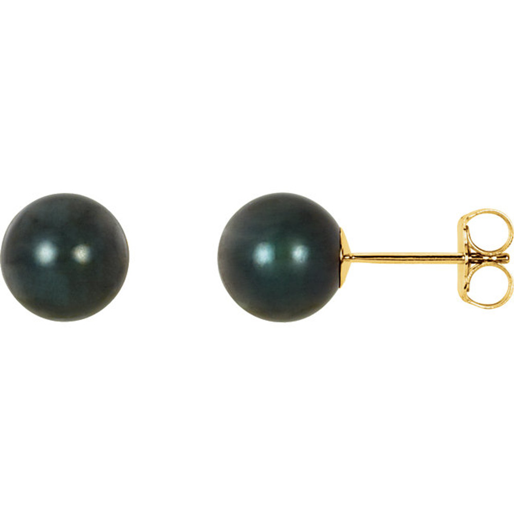 These earrings feature 4-8mm AA+ quality black akoya cultured pearls set in 14k yellow gold. Polished to a brilliant shine.