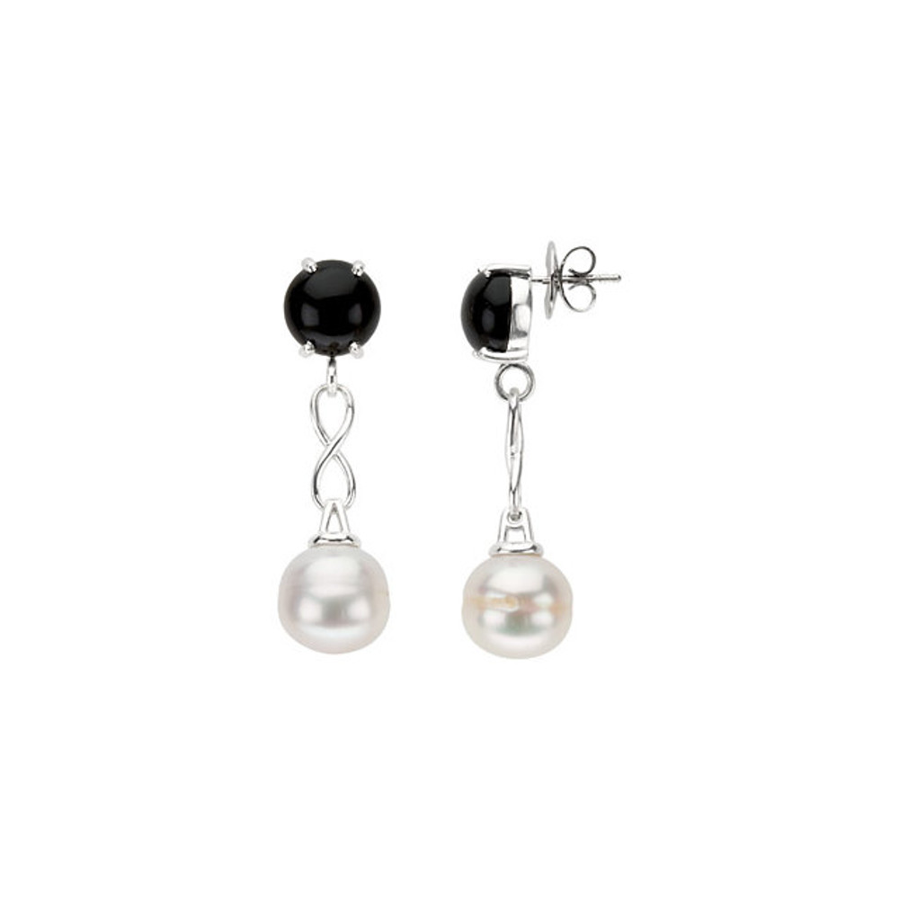 These beautifully striking 11-12mm onyx & freshwater cultured pearl earrings are perfect compliment to any attire. These earrings are set with in sterling silver. Polished to a brilliant.