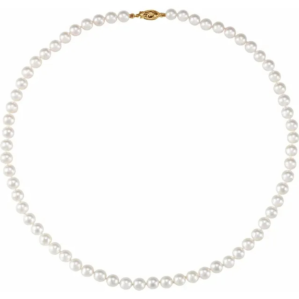 This elegant necklace shows off its beauty and classic style by featuring a romantic look of 6mm to 6.5mm graduated round white akoya cultured pearls.