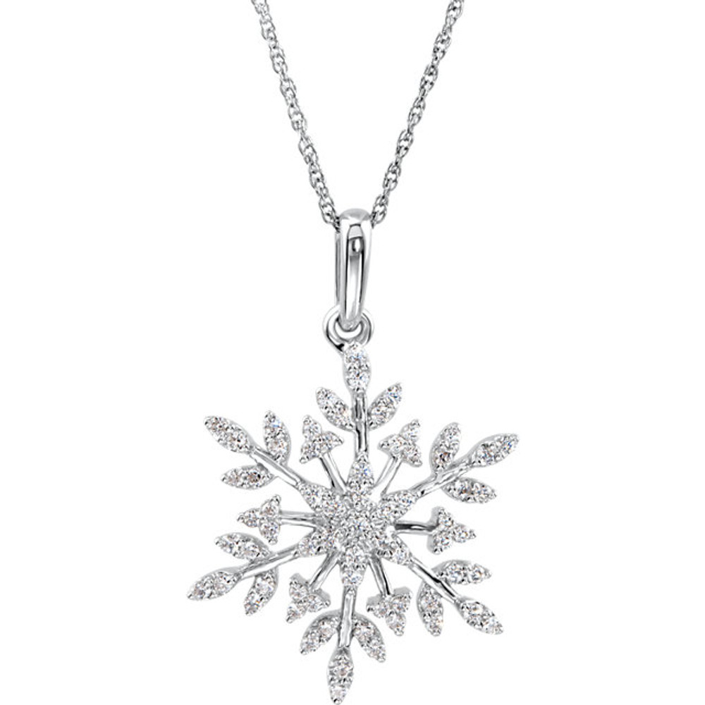 This beautiful 18" necklace features a stunning snowflake design adorned with sparkling white cubic zirconia.