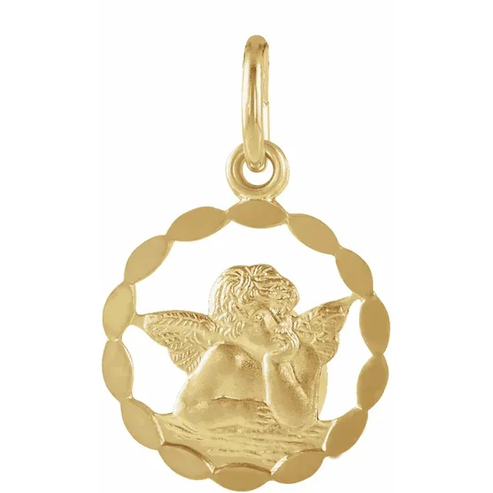 Lift your spirits with this grand angel pendant medal. This angel pendant is made of 14k yellow gold and measures 12.00 mm. This angel pendant makes a thoughtful gift for any occasion. All this magnificent angel pendant medal needs is a matching 14k yellow gold chain and it will be ready to wear.