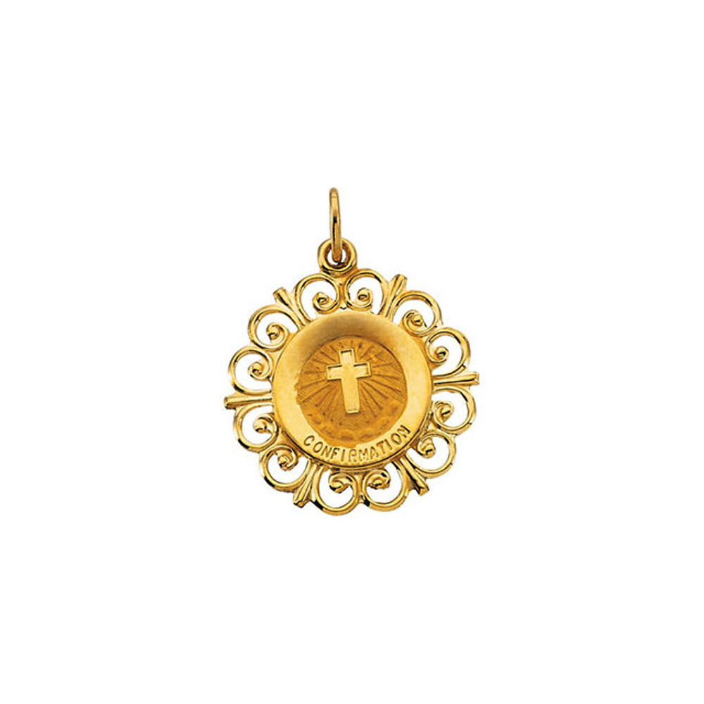 This Confirmation Medal measures 20x18.50mm, approximately 3/4-inch round. Made of 14K Yellow Gold, this piece features a weight of 1.48 grams and has a bright polish to shine.