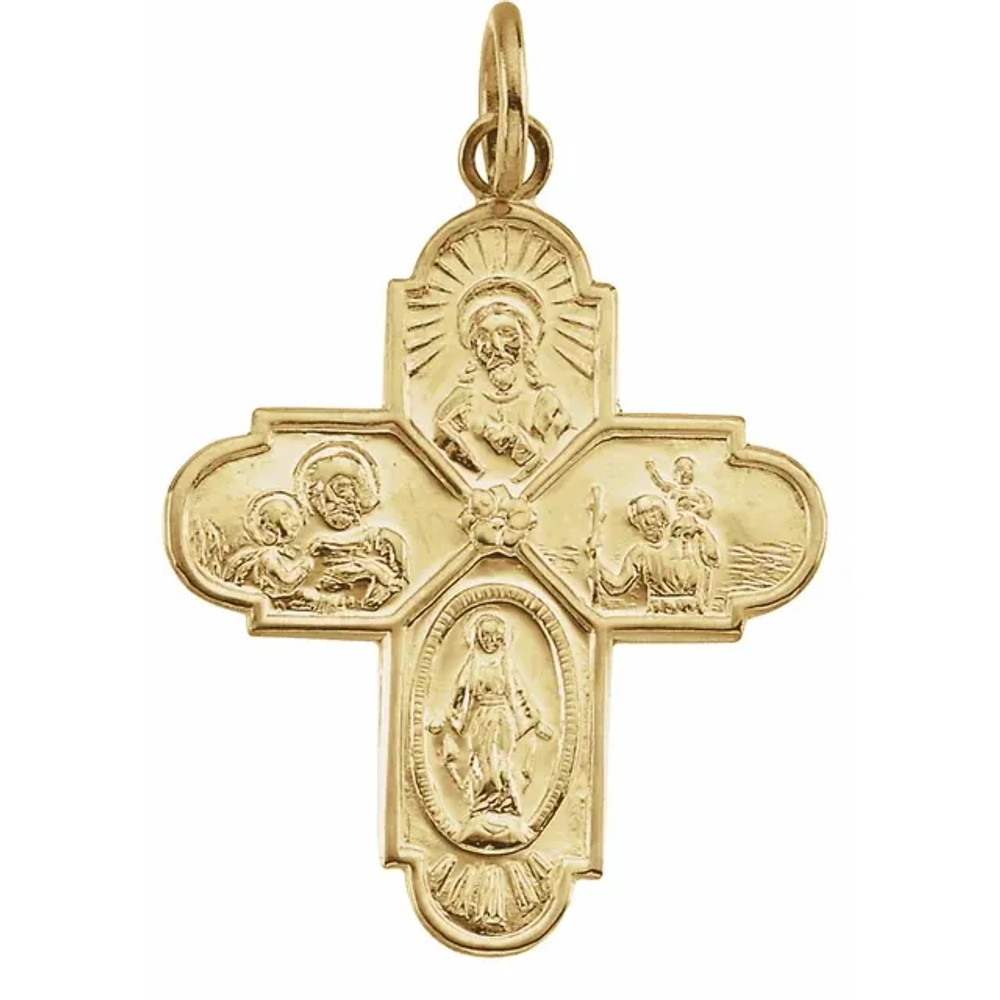 This Four Way Medal features dimensions of 24.40 X 21.50 millimeters, approximately 1-inch by 7/8-inch. Made of 14K Yellow Gold, this religious jewelry piece weighs approximately 2.02 grams.