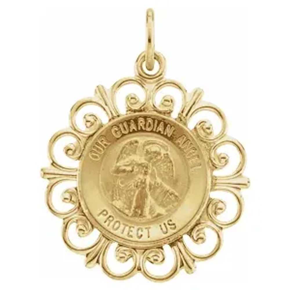 This Round Guardian Angel Pendant Medal features dimensions of 18.5 millimeters, approximately 3/4-inch round. Made of 14K Yellow Gold, this religious jewelry piece weighs approximately 1.44 grams.