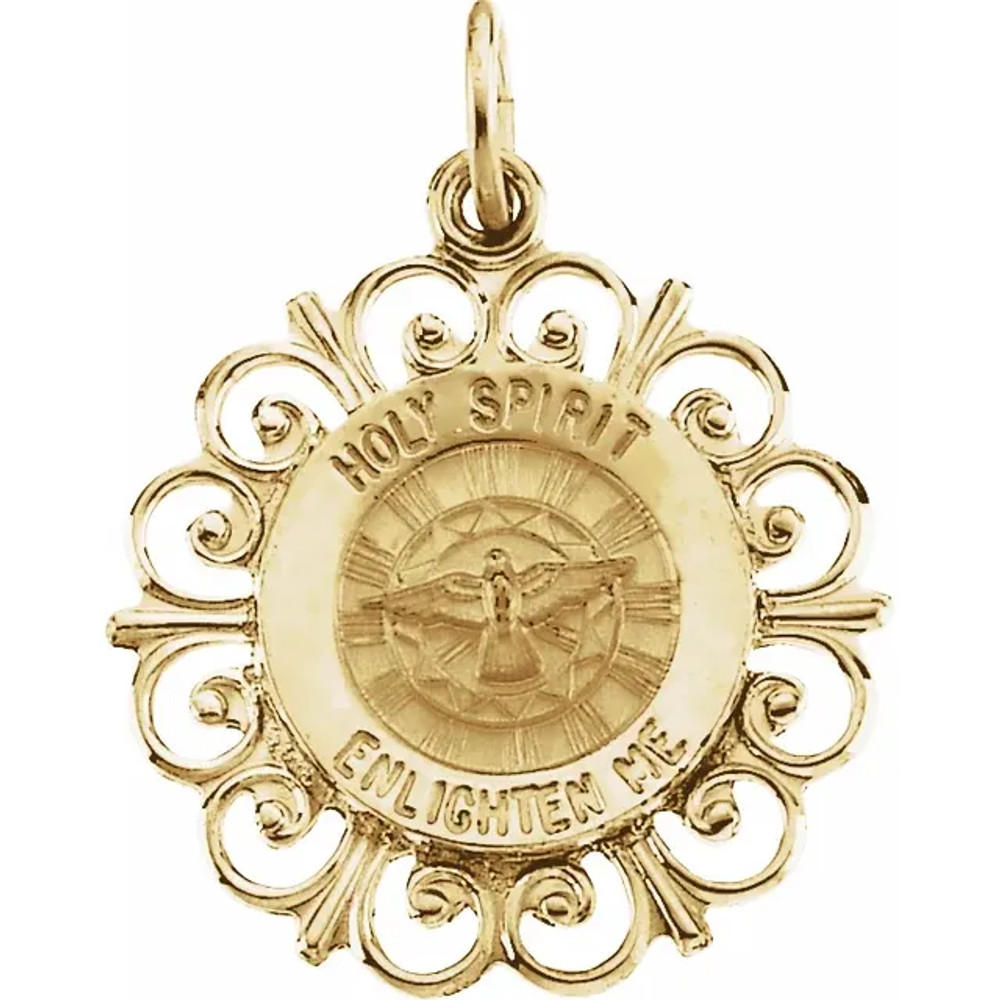 This Round Holy Spirit Pendant Medal features dimensions of 18.5 millimeters, approximately 3/4-inch round. Made of 14K Yellow Gold, this religious jewelry piece weighs approximately 1.45 grams.