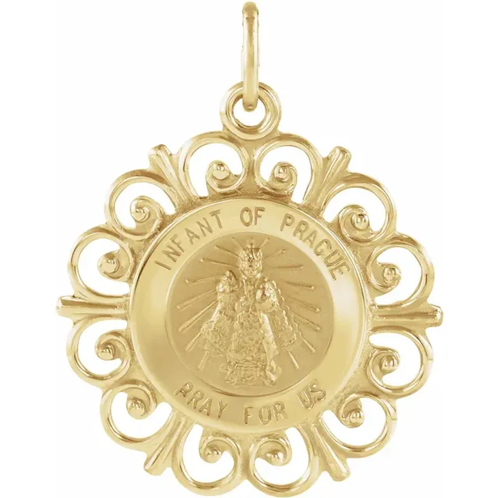 This Round Infant Of Prague Pendant Medal features dimensions of 18.5 millimeters, approximately 3/4-inch round. Made of 14K Yellow Gold, this religious jewelry piece weighs approximately 1.42 grams. 