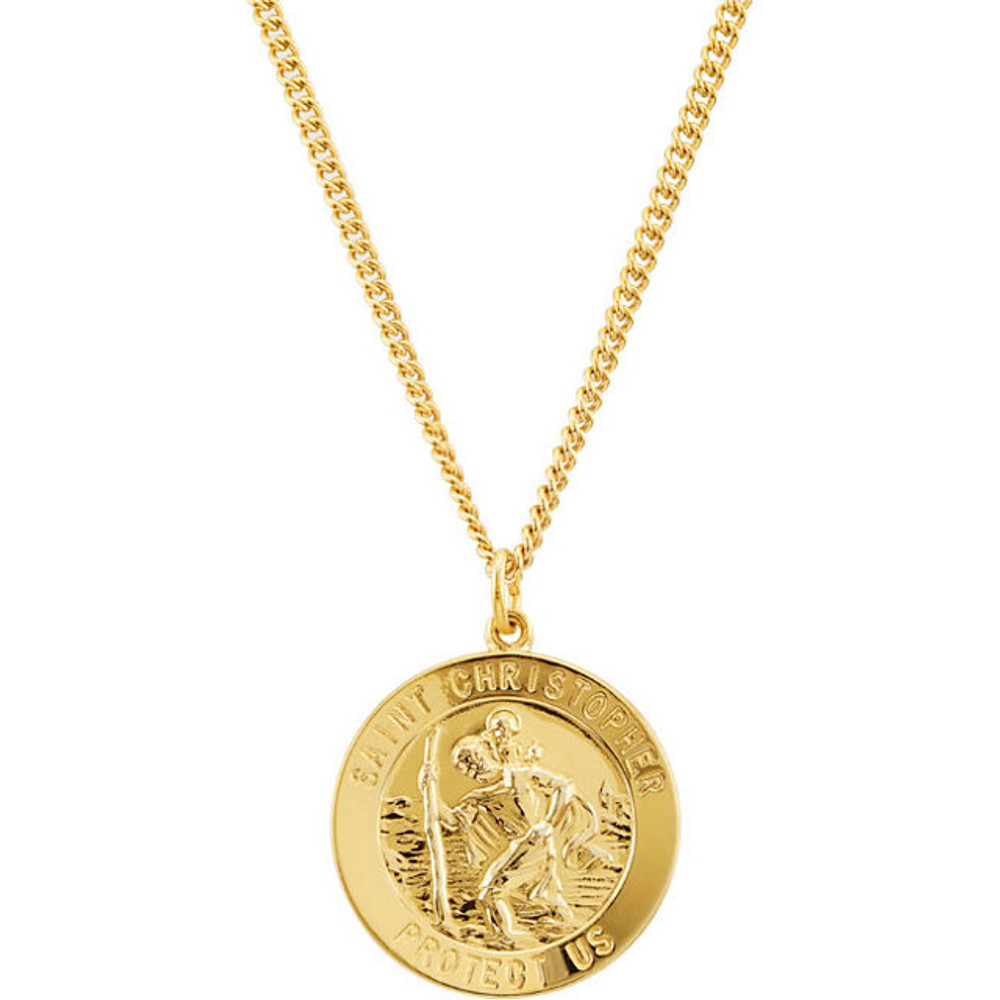 Adorn your wardrobe with grace when you wear this petite St. Christopher medal. This St. Christopher medal is made of 24K Gold Plated and features a spectacular interpretation of a revered religious icon. This religious St. Christopher medal measures 28.19 x 25.13 mm and simply needs a matching yellow gold chain for it to be ready to wear. Celebrate your favorite religious hero with this petite St. Christopher medal in 24K Gold Plated.