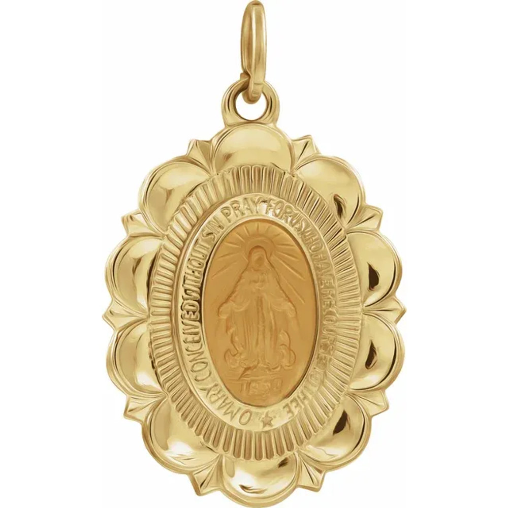 The Miraculous Medal designs were originated by Saint Catherine Labour following her reported vision of the Blessed Virgin Mary. Catholics believe that wearing the medal with faith and devotion can bring special graces through the intercession of Mary at the hour of death.